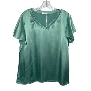Ekouaer Loose Casual Satin Short Sleeve Top Blouse Womens Large Green New